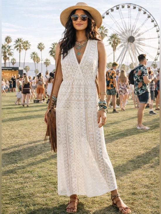Dresses & Skirts - Womens White Crochet Maxi Dress - Deep V
